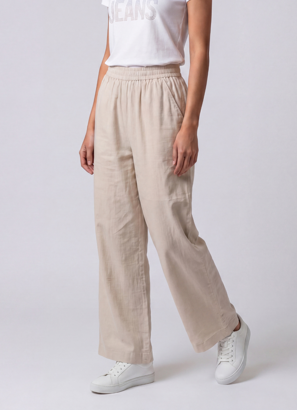 Women Natural Beige Wide Leg Solid Casual Pants, , large image number 1