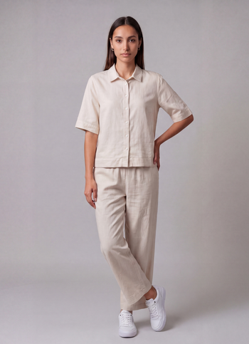 Women Natural Beige Wide Leg Solid Casual Pants