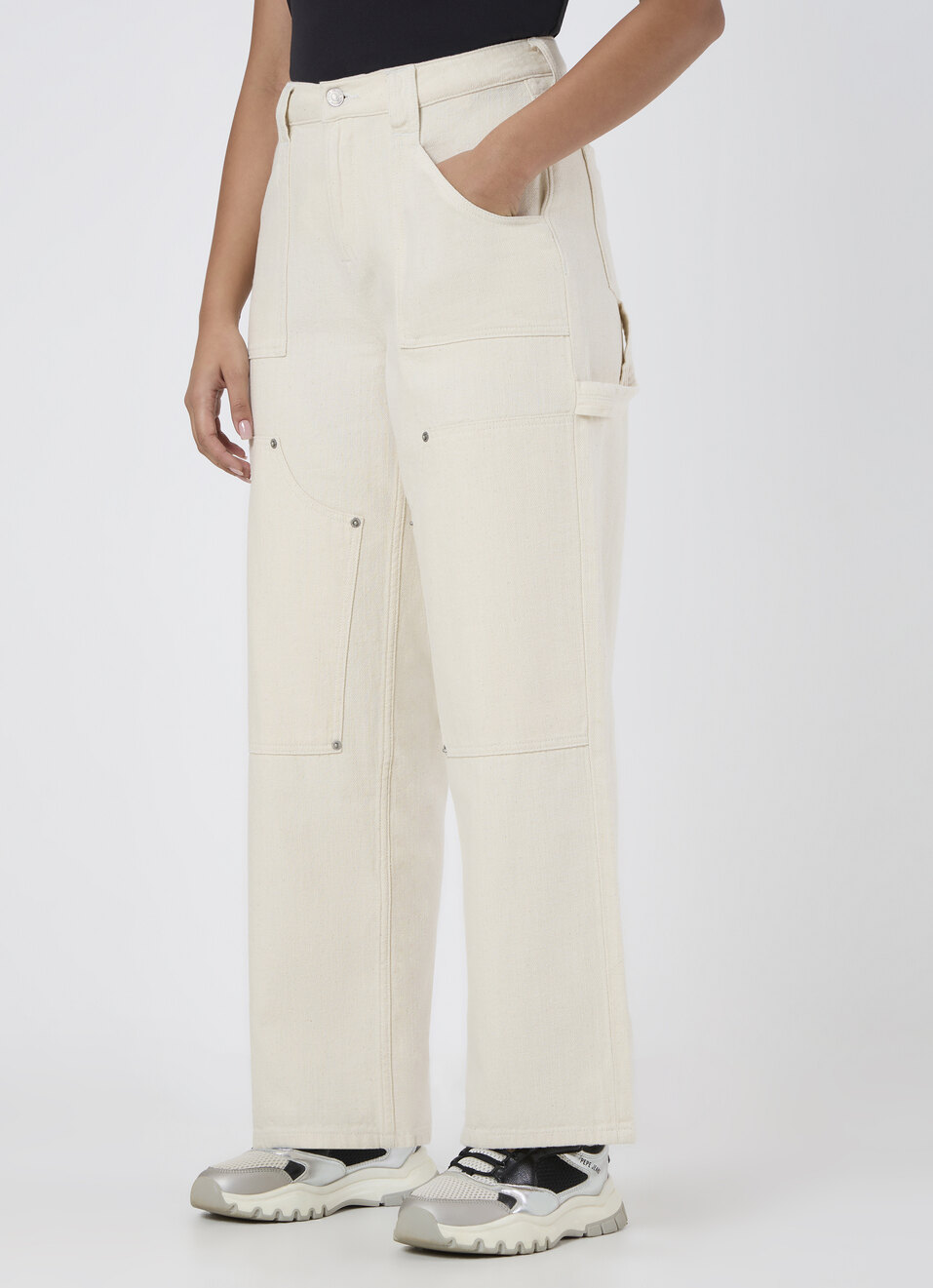 Women Ecru Cargo Straight Jeans, , large image number 3