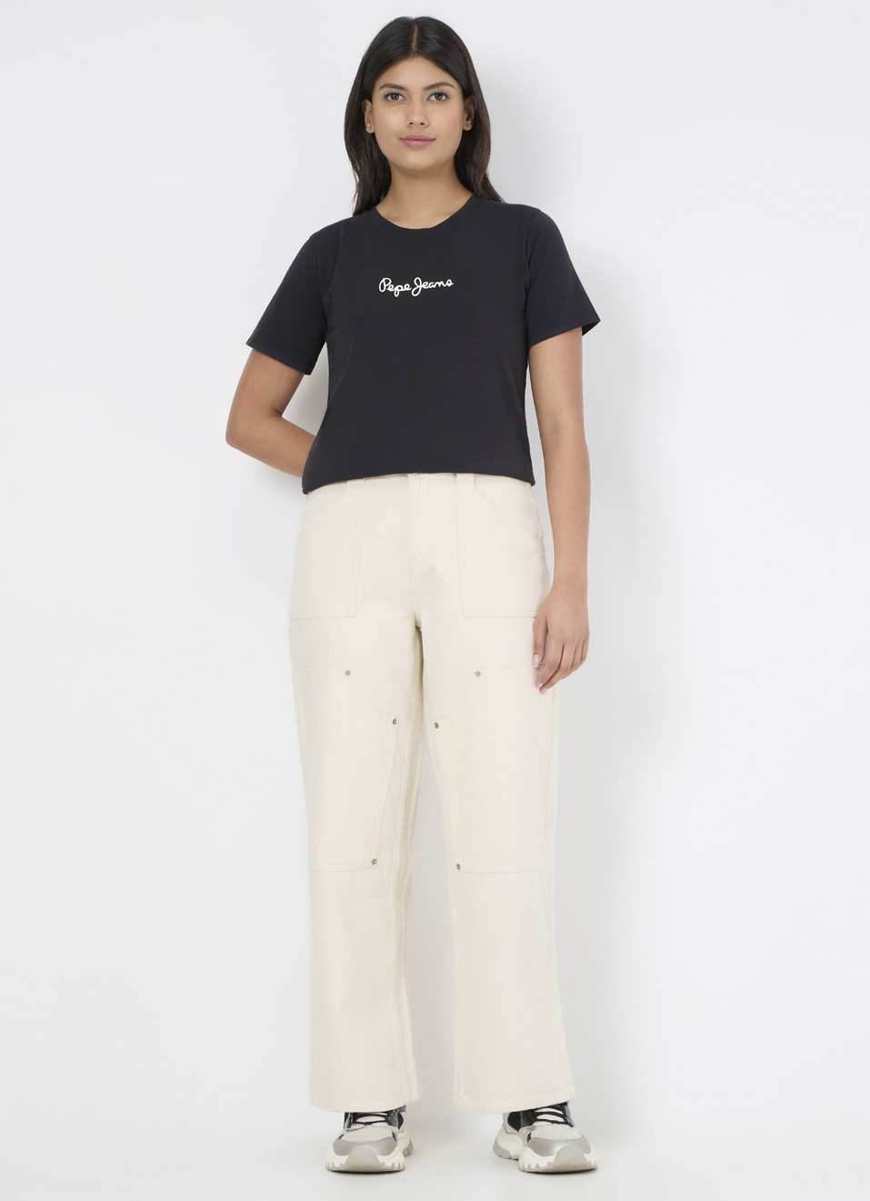 Women Ecru Cargo Straight Jeans, , large image number 0