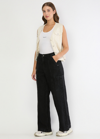 Women Black Used Cargo Straight Jeans