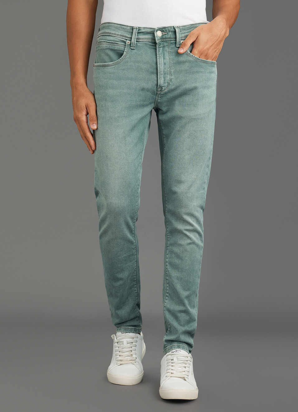 Men Sage Green Mid Rise Tapered Fit Jeans, , large image number 2