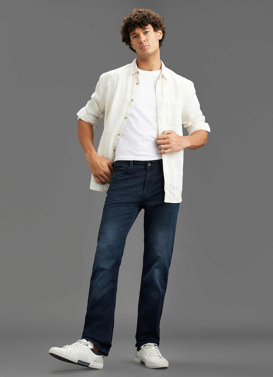 Men Navy Blue Mid Rise Straight Fit Jeans, , large image number 1