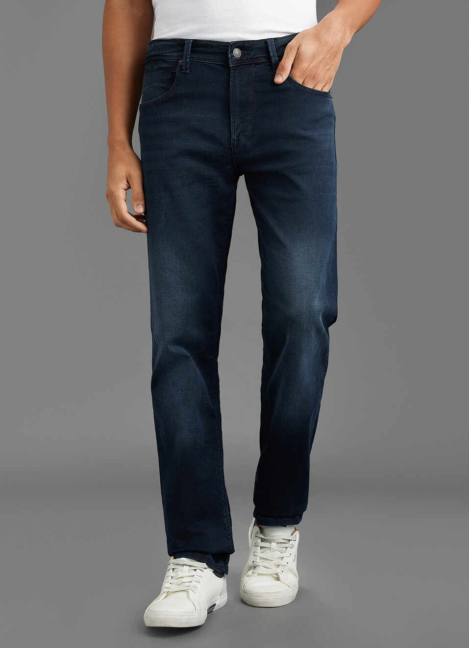 Men Navy Blue Mid Rise Straight Fit Jeans, , large image number 2