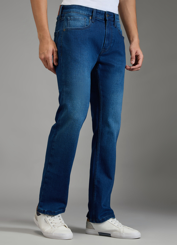 Men Blue Dark Used Straight Fit Mid Rise Stretchable Jeans