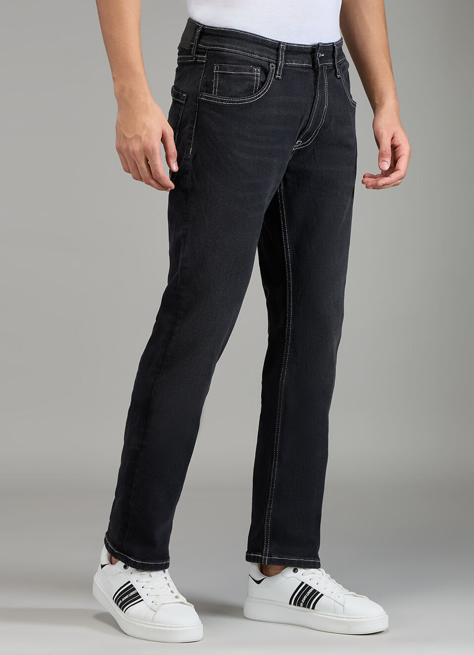 Men Black Straight Fit Stretchable Jeans, , large image number 1