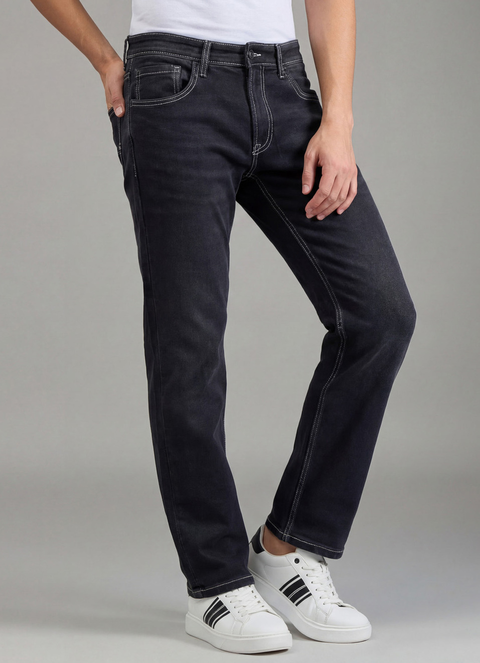 Men Black Straight Fit Stretchable Jeans, , large image number 0