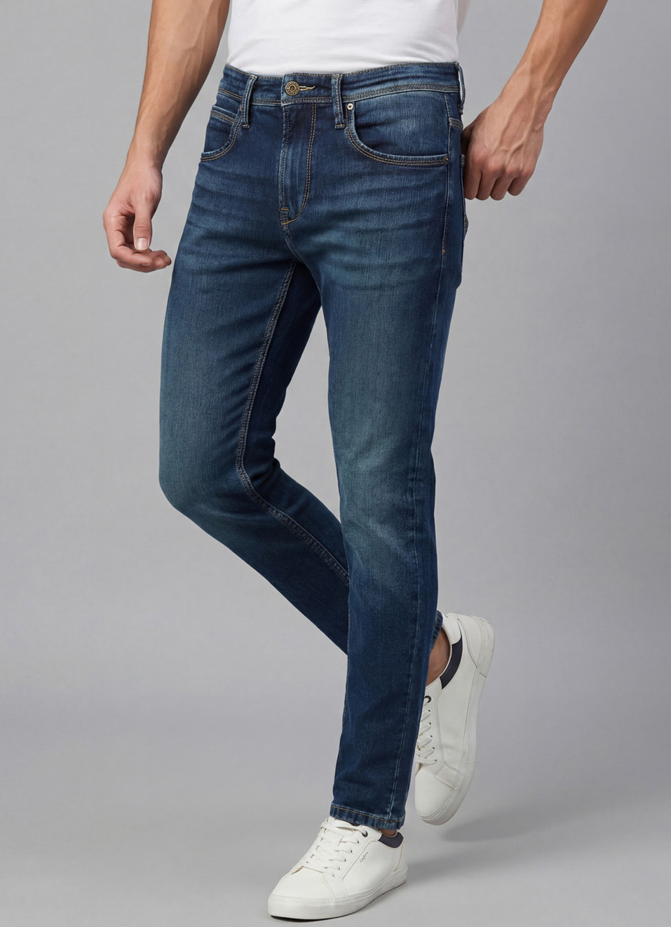 Men Blue Mid Rise Slim Fit Gymindigo Jeans, , large image number 0