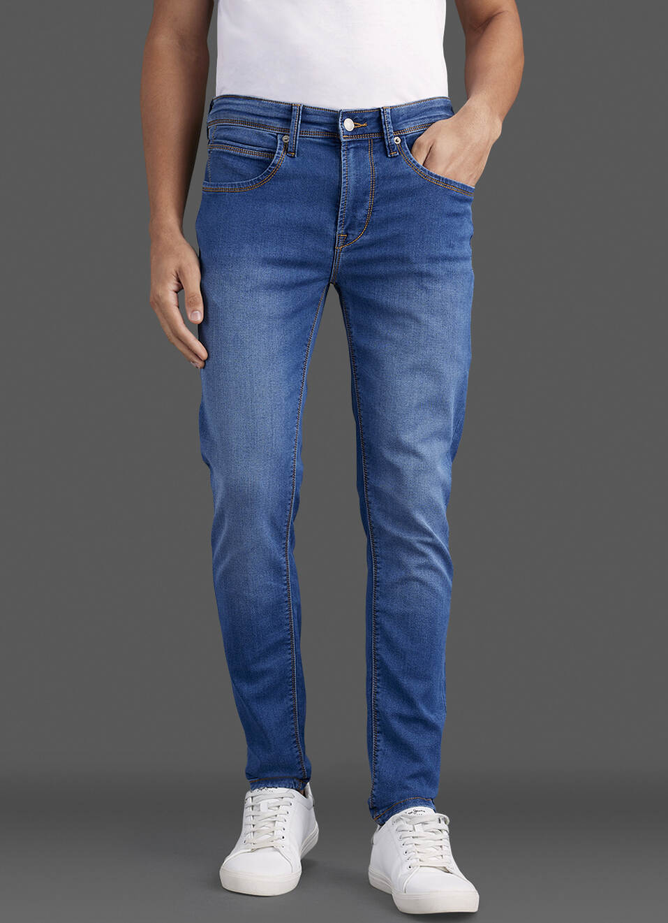 Men Blue Mid Rise Tapered Fit Jeans , , large image number 2