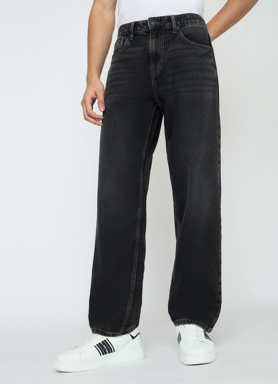 Men Black Mid Rise Tapered Jeans, , large image number 2