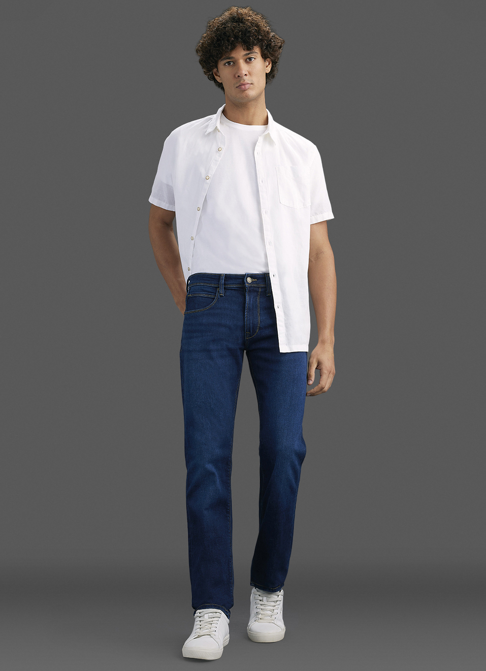 Men Dark Blue Mid Rise Straight Fit Powerflex Jeans, , large image number 1