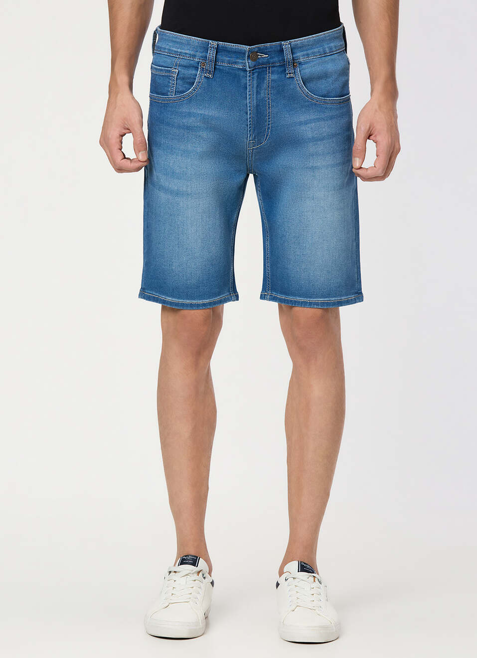 Men Light Blue Mid Rise Regular Fit Denim Shorts, , large image number 1