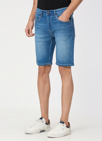 Men Light Blue Mid Rise Regular Fit Denim Shorts