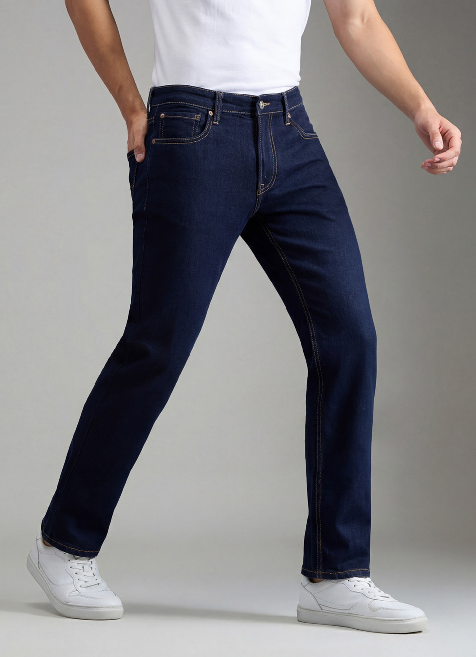 Men Black Mid Rise Straight Fit Stretchable Jeans, , large image number 0