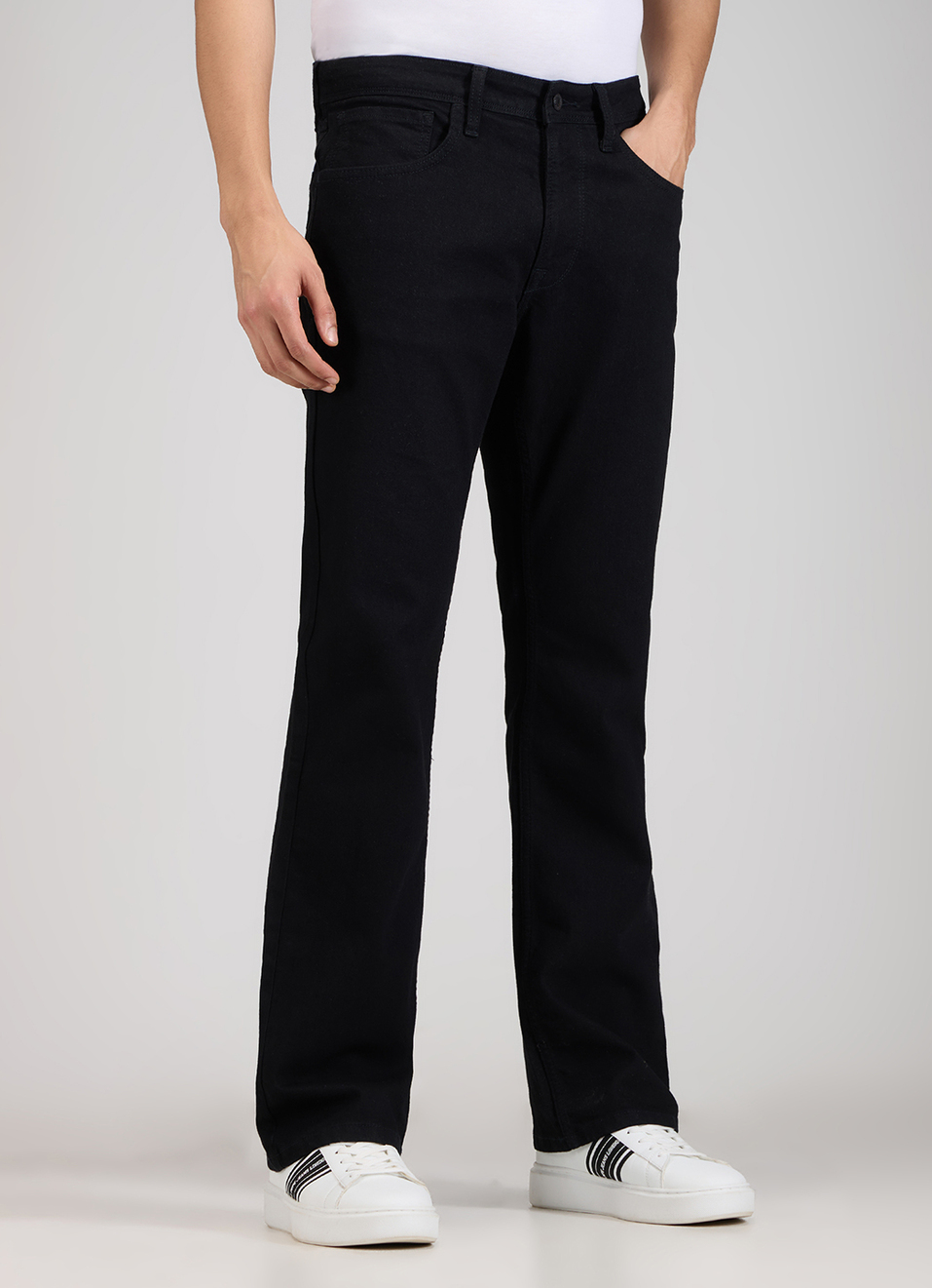 Men Black Mid Rise Bootcut Stretchable Jeans, , large image number 0