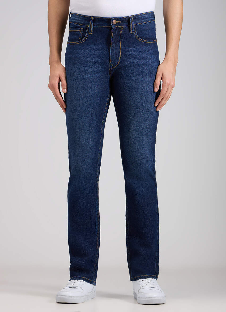 Men Dark Blue Mid Rise Straight Fit Strechable Jeans, , large image number 1