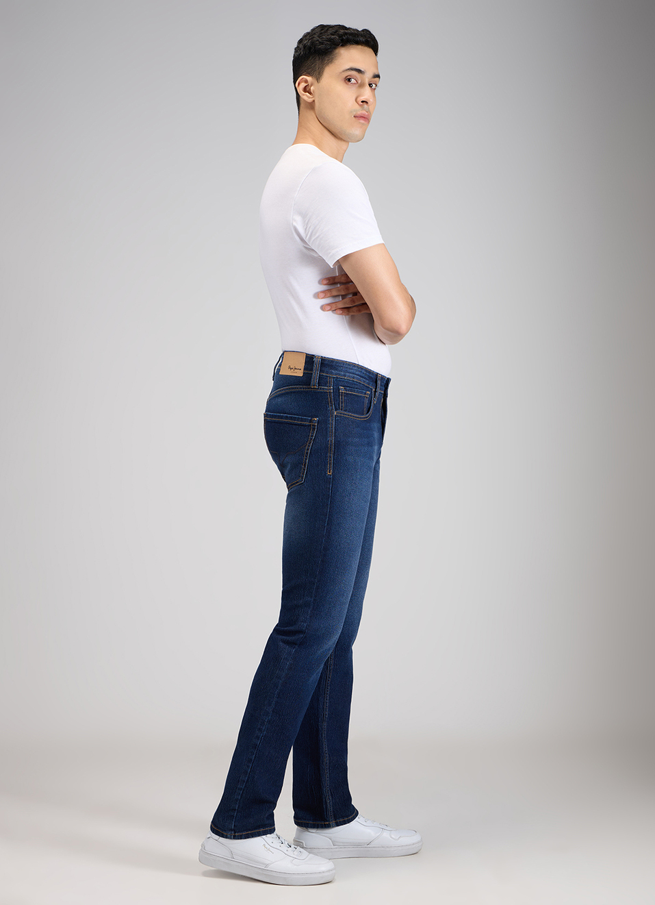 Men Dark Blue Mid Rise Straight Fit Strechable Jeans, , large image number 6