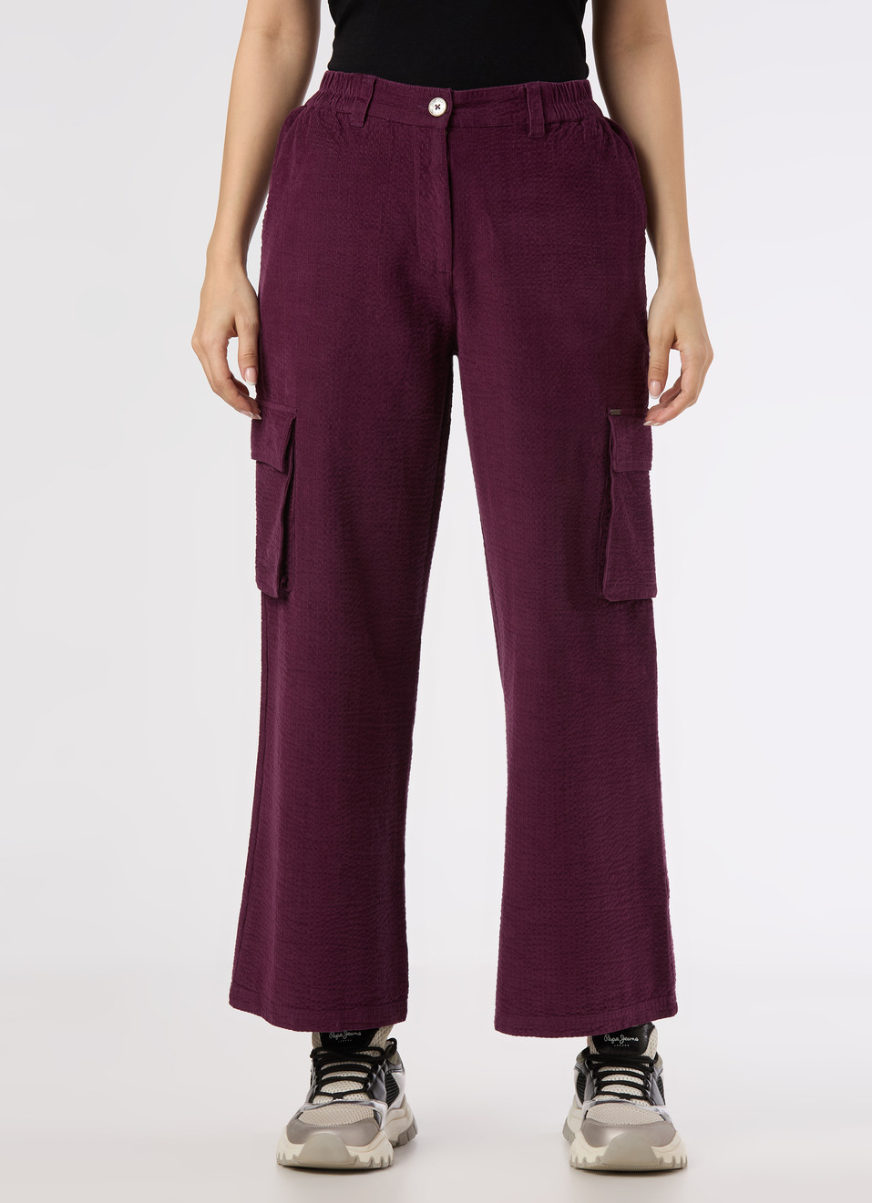 Women Cherry Red Mid Rise Relax Fit Cargo Pants, , large image number 1