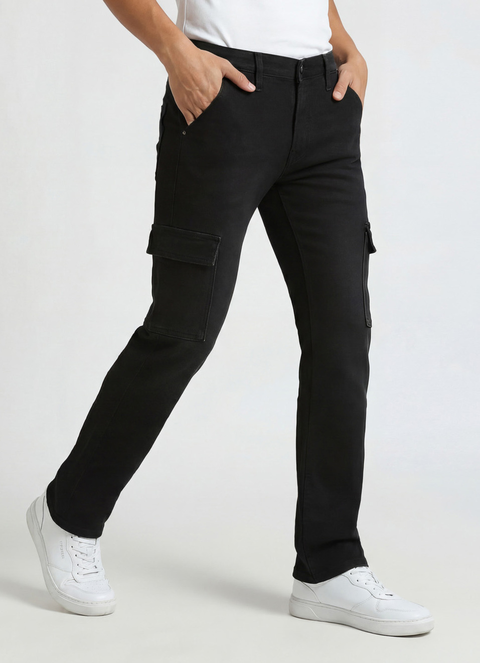 Cargo Straight Mid Rise Black Jeans, , large image number 0