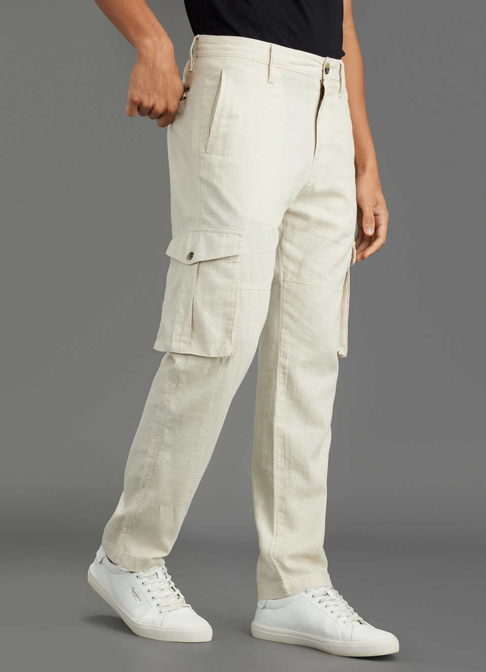 Men Beige Mid Rise Straight Fit Cargo Pants, , large image number 0