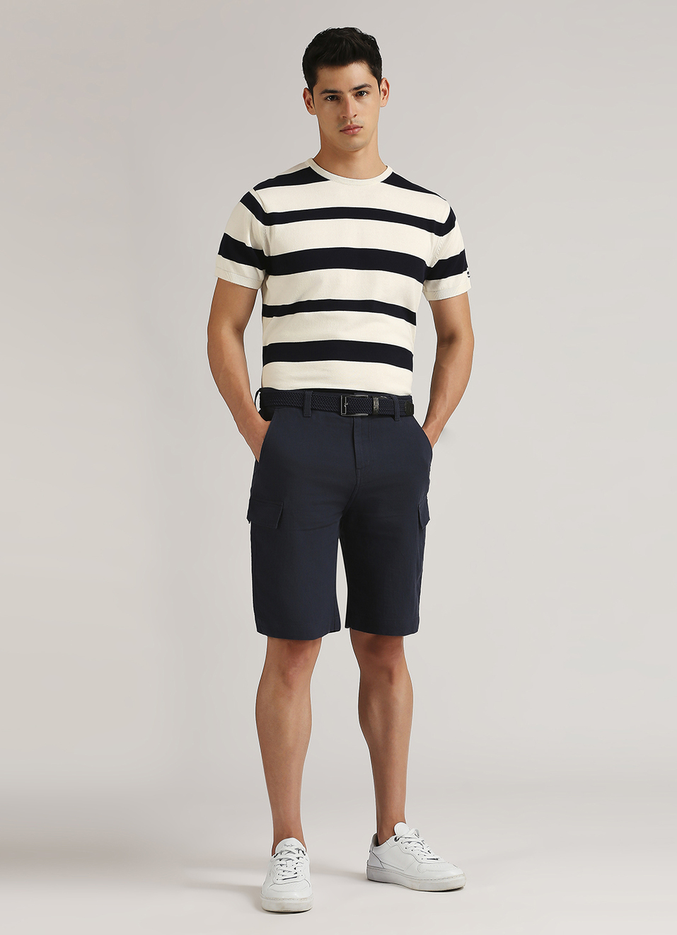 Navy Back Welt Pockets Linen Cargo Shorts, , large image number 5