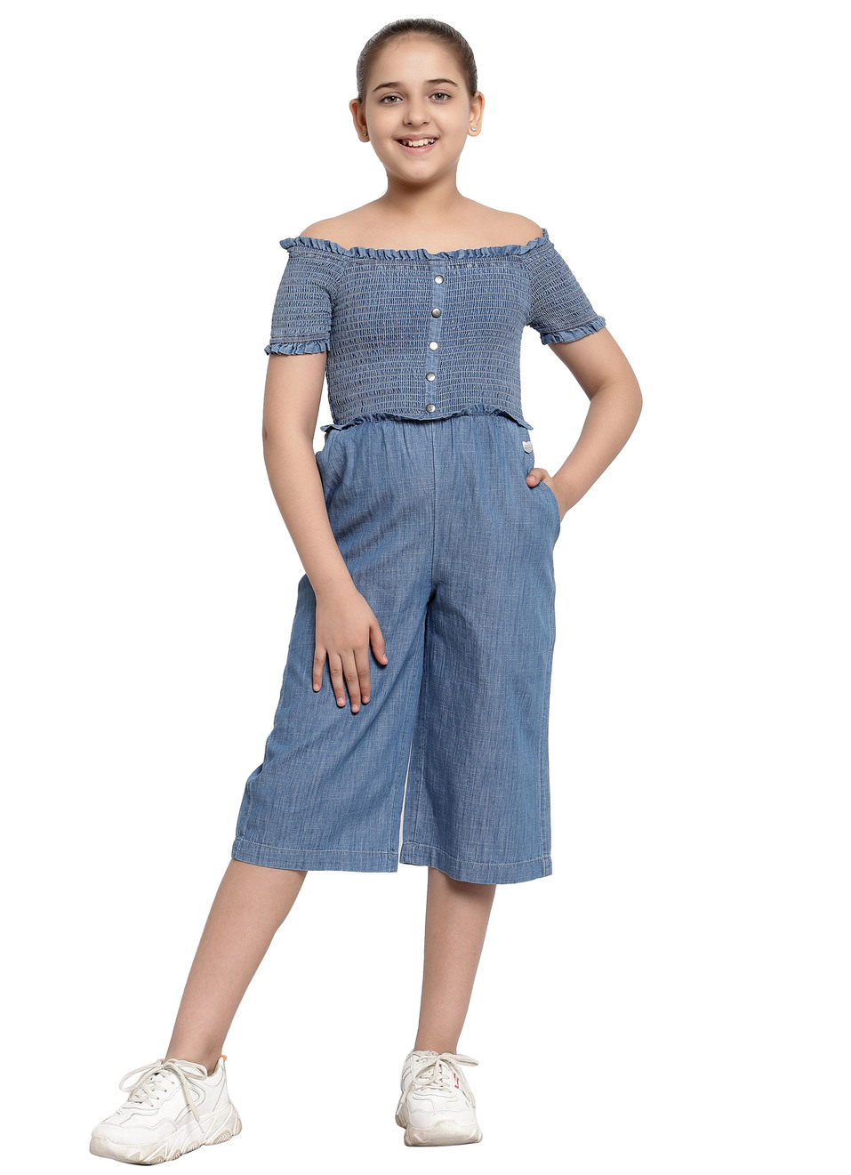 Grace Ss Mid Wash Denim Jumpsuit, , large image number 0