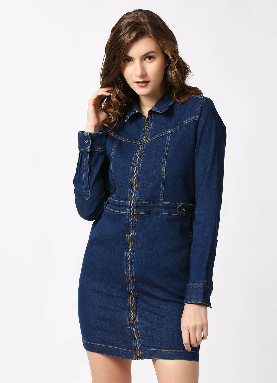 Laya Dark Wash Denim Dress With Slant Pocket, , large image number 1