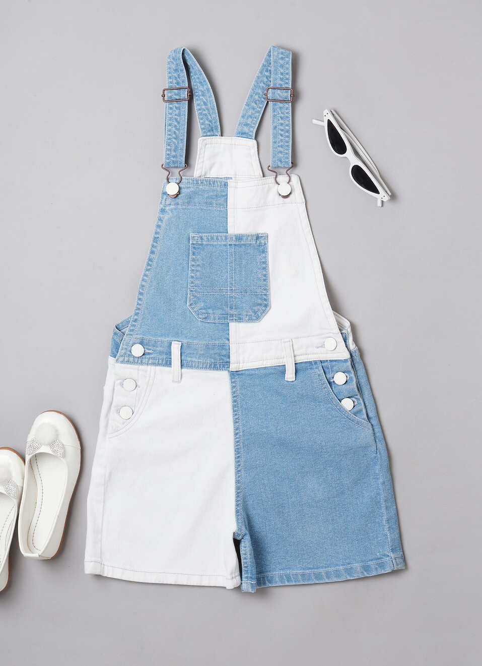 DENIM SHORTALL WITH TONAL PATCHWORK, , large image number 0