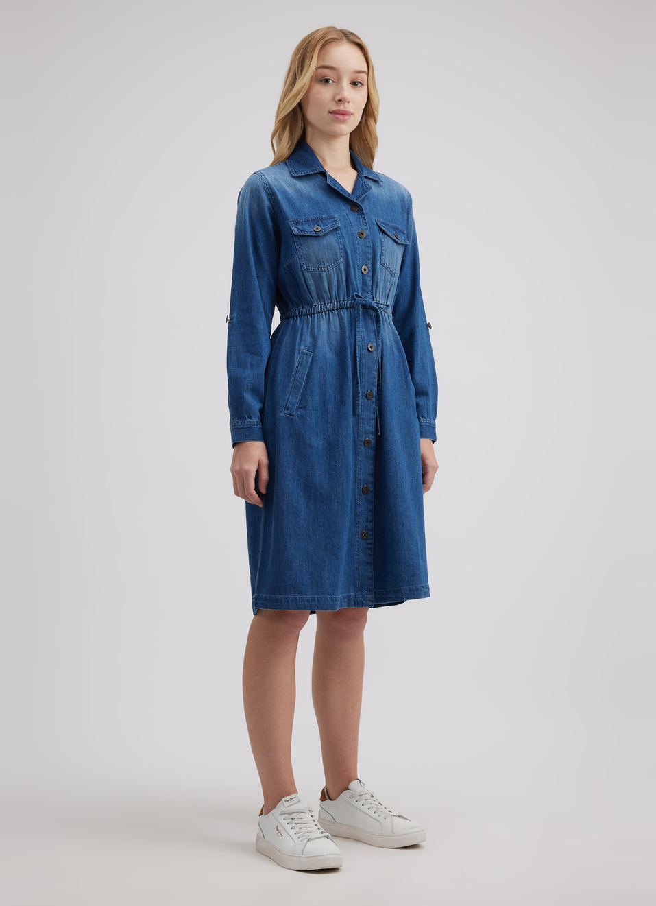 Women Blue Double Flap Pocket Full Sleeve Denim Dress, , large image number 3