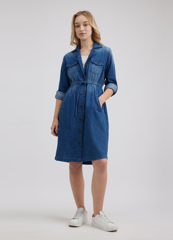 Women Blue Double Flap Pocket Full Sleeve Denim Dress