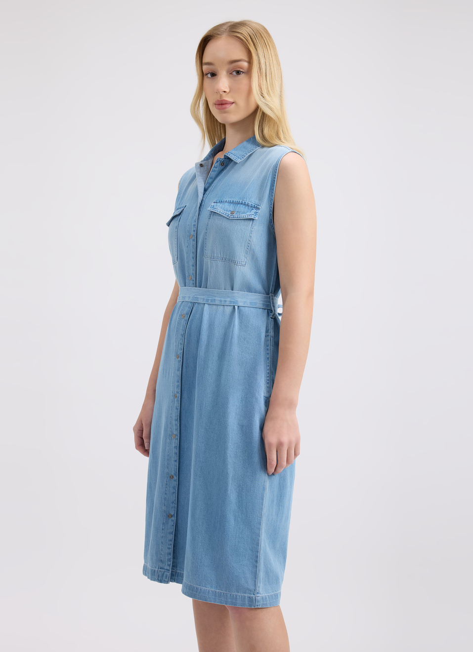 Women Blue Double Flap Pocket Sleeveless Denim Dress, , large image number 3