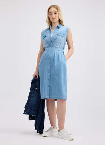 Women Blue Double Flap Pocket Sleeveless Denim Dress