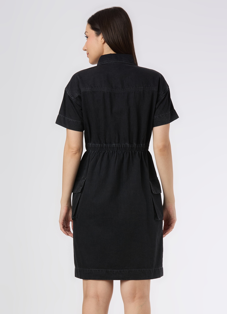 Women Black Denim Utility Dress With Zip Front And Cargo Pockets, , large image number 2