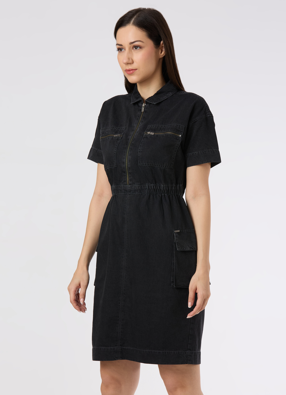 Women Black Denim Utility Dress With Zip Front And Cargo Pockets, , large image number 3