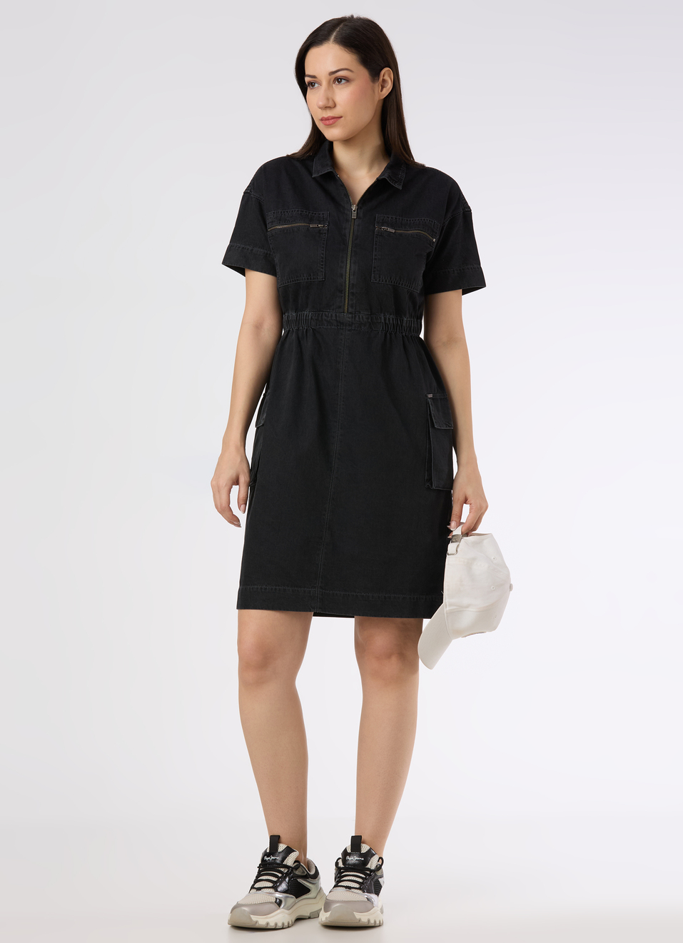 Women Black Denim Utility Dress With Zip Front And Cargo Pockets, , large image number 0