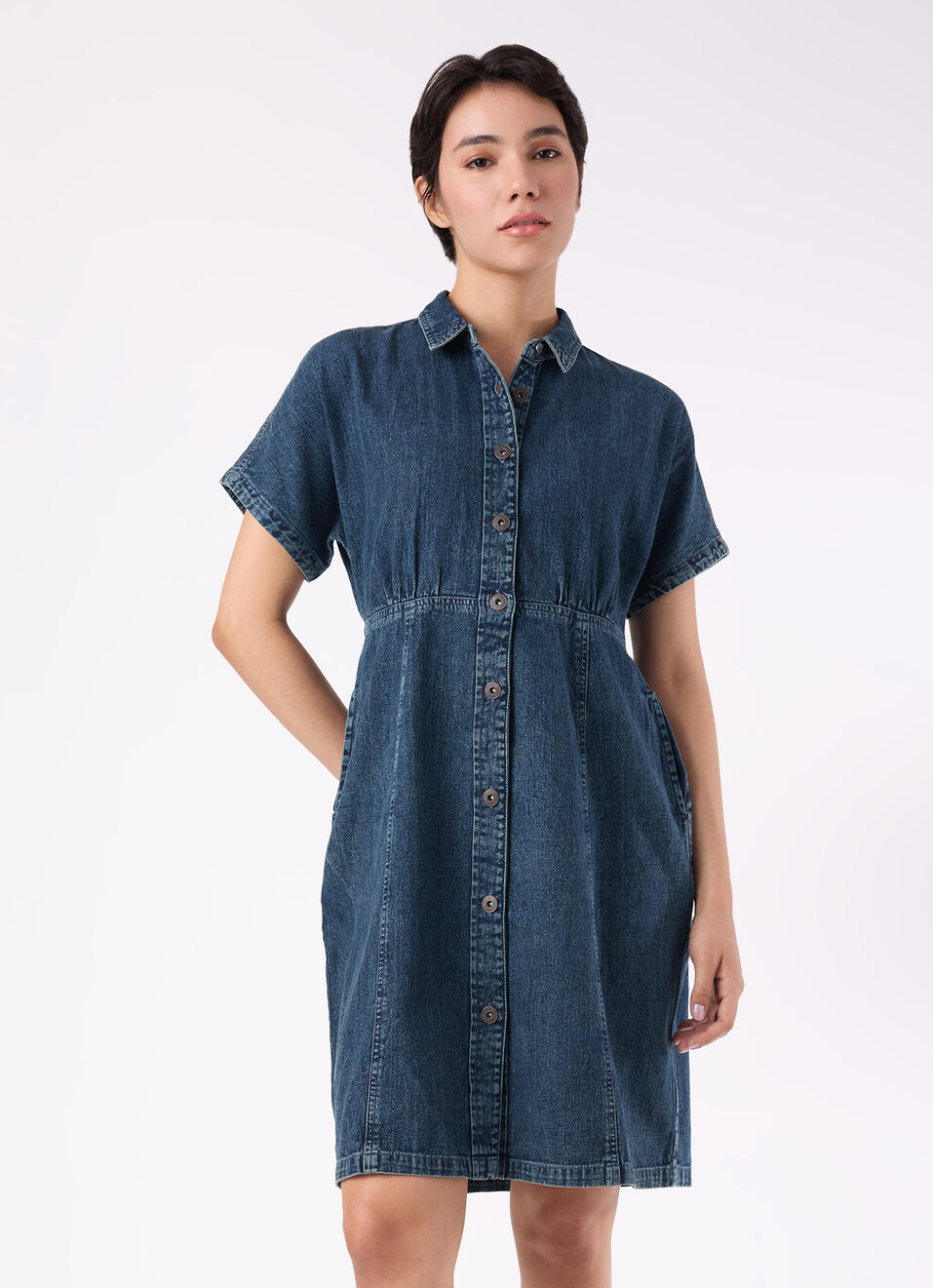 Women Blue Short Sleeves Denim Dress, , large image number 1