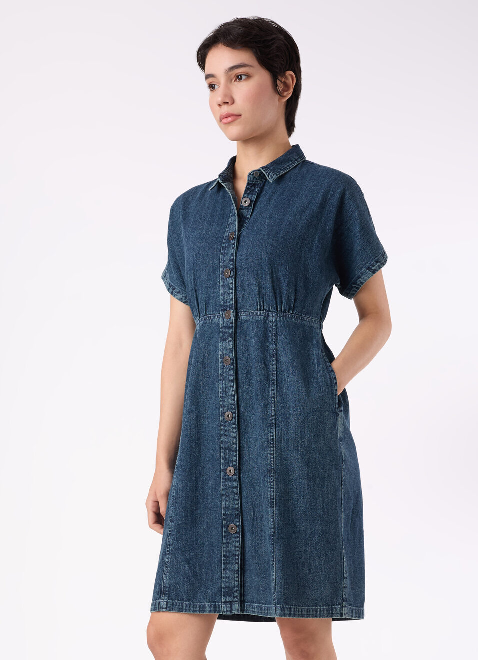 Women Blue Short Sleeves Denim Dress, , large image number 3