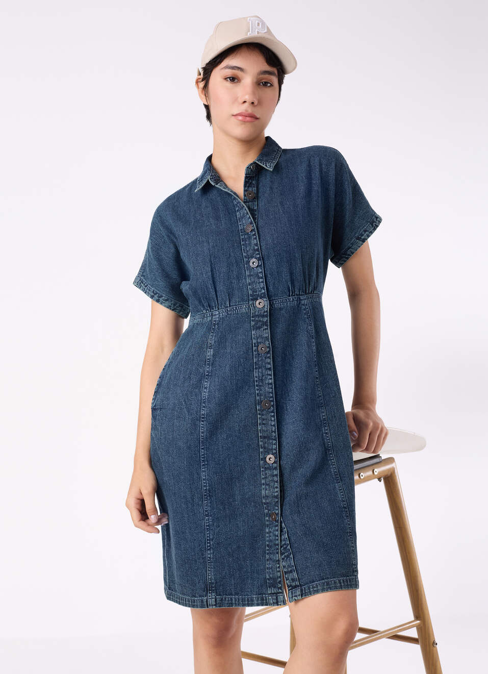 Women Blue Short Sleeves Denim Dress, , large image number 0