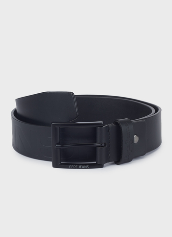 Men Black Embossed Leather Belt With Matte Black Buckle
