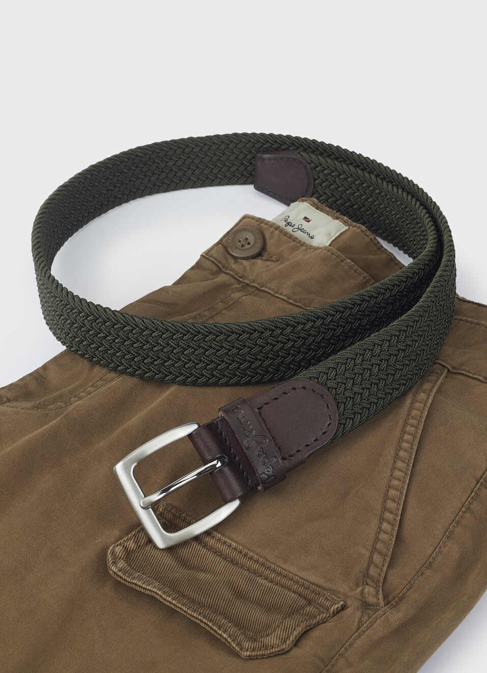 Men Braided Stretch Belt In Green With Leather Trim, , large image number 2