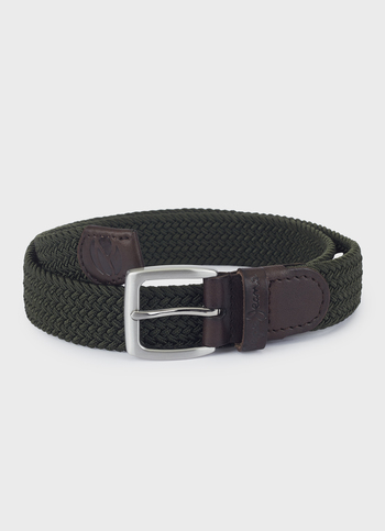 Men Braided Stretch Belt In Green With Leather Trim
