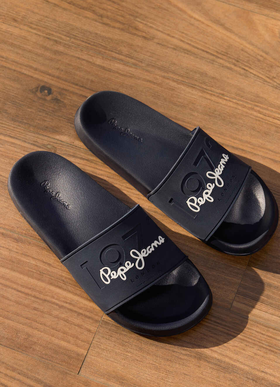 Navy Lightweight Beach Slides With Embossed Logo Print, , large image number 0