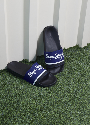 Navy Lightweight Graphic Print Beach Slides
