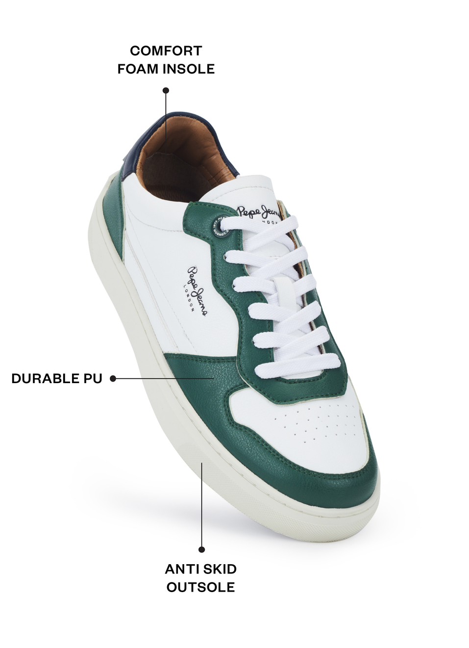 Men White & Green Pu Sneakers With Comfort Foam Insole, , large image number 1