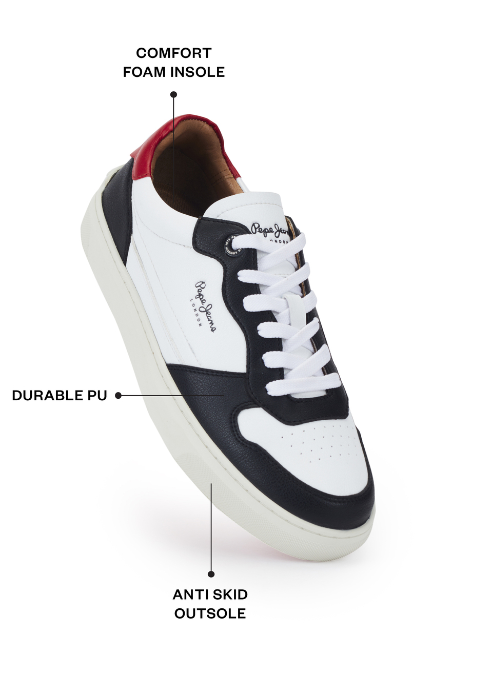 Men Black & White Pu Sneakers With Comfort Foam Insole, , large image number 1