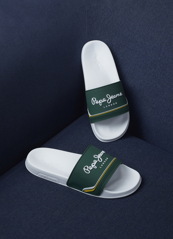 Men Green & White Slides With Arch Fit Footbed