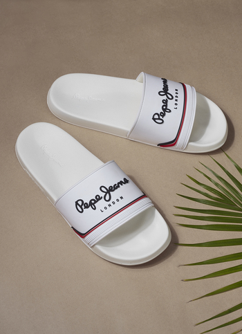 Men White Slides With Arch Fit Footbed & Bold Branding
