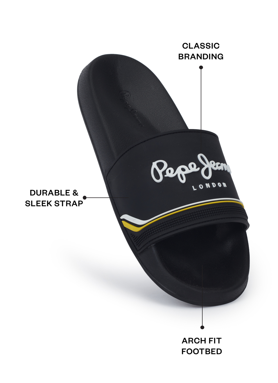 Men Black Slides With Arch Fit Footbed & Bold Branding, , large image number 1