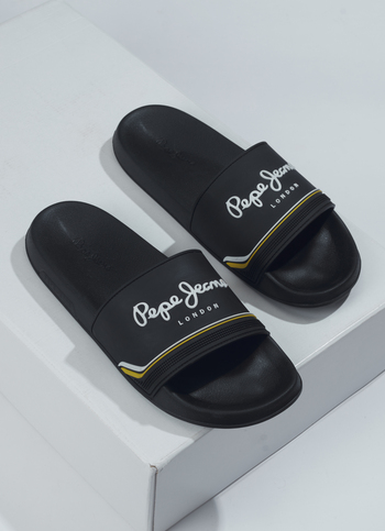 Men Black Slides With Arch Fit Footbed & Bold Branding