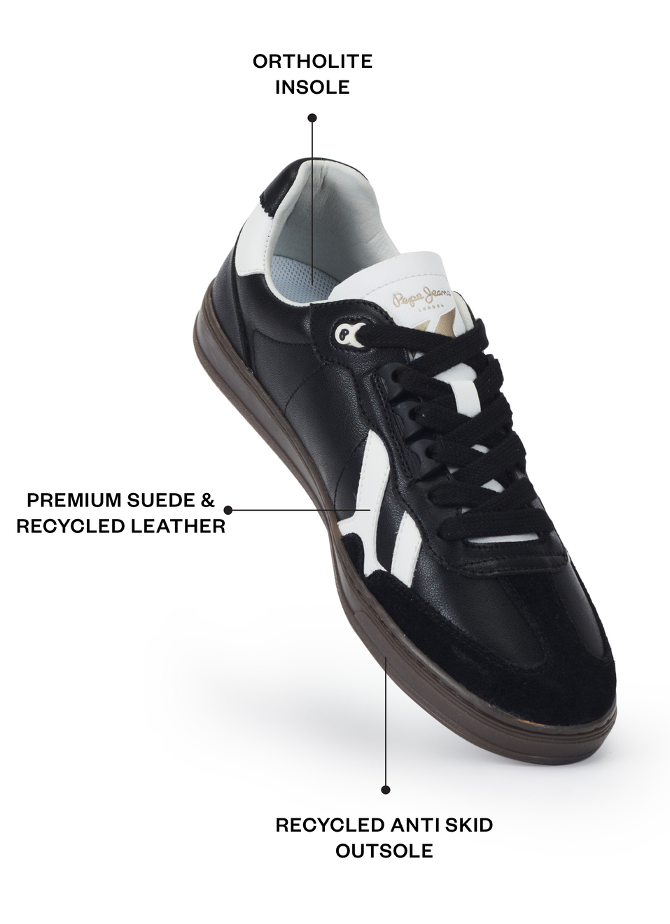 Men Black Premium Suede & Recycled Leather Sneakers With Ortholite Insole, , large image number 1